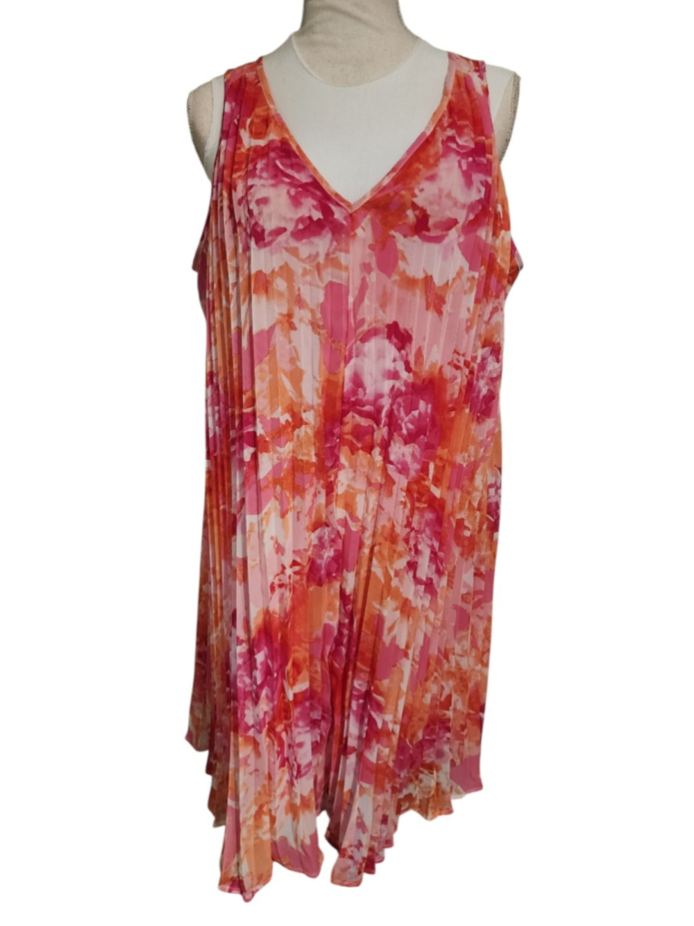 Vince Camuto Size 12 Pink Orange Floral Pleated V-Neck Sleeveless Midi Dress